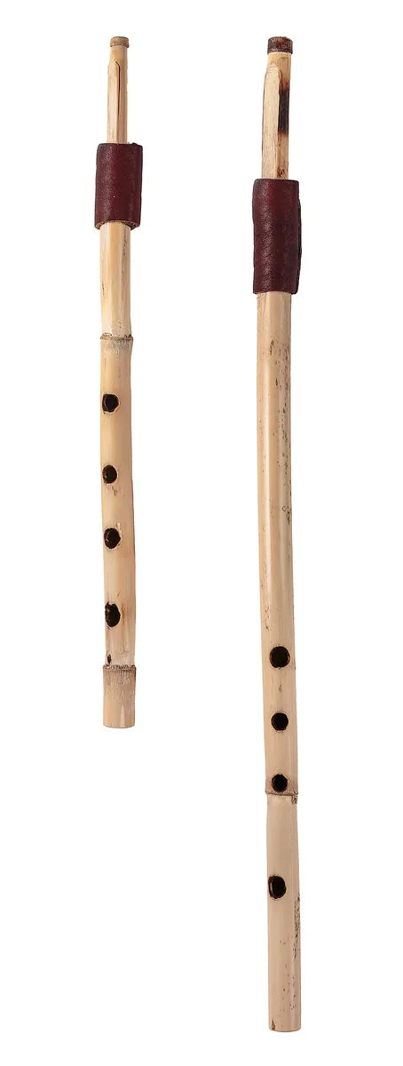 Two unequal cane aulos pipes with dark leather wraps below the reeds