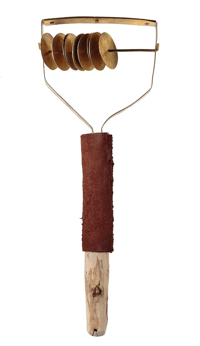 Sistrum with an angular metal frame, a row of loose discs and a wrapped wooden handle