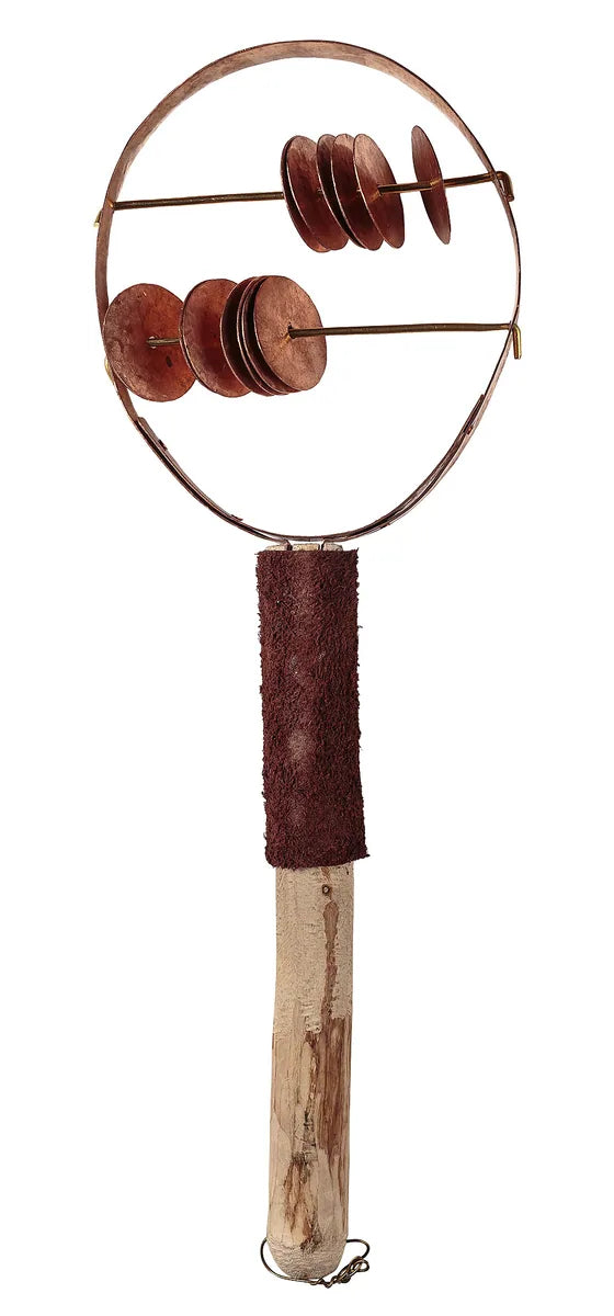 Circular copper-coloured sistrum with two crossbars of jingling discs and a wrapped handle