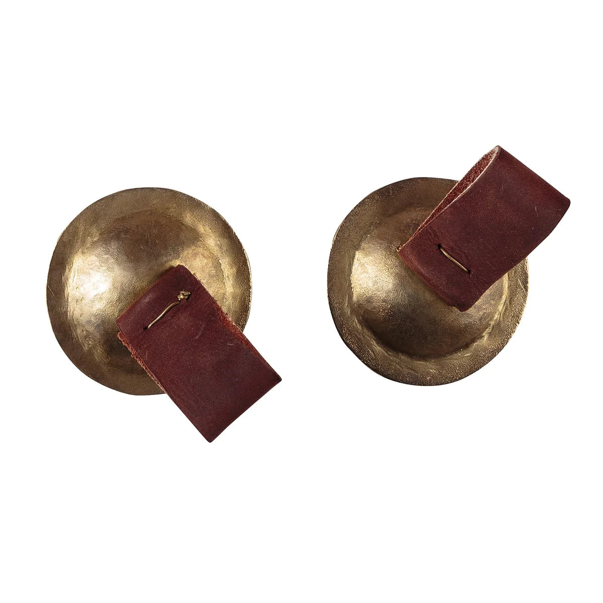 Pair of small metal finger cymbals with dark red leather grips