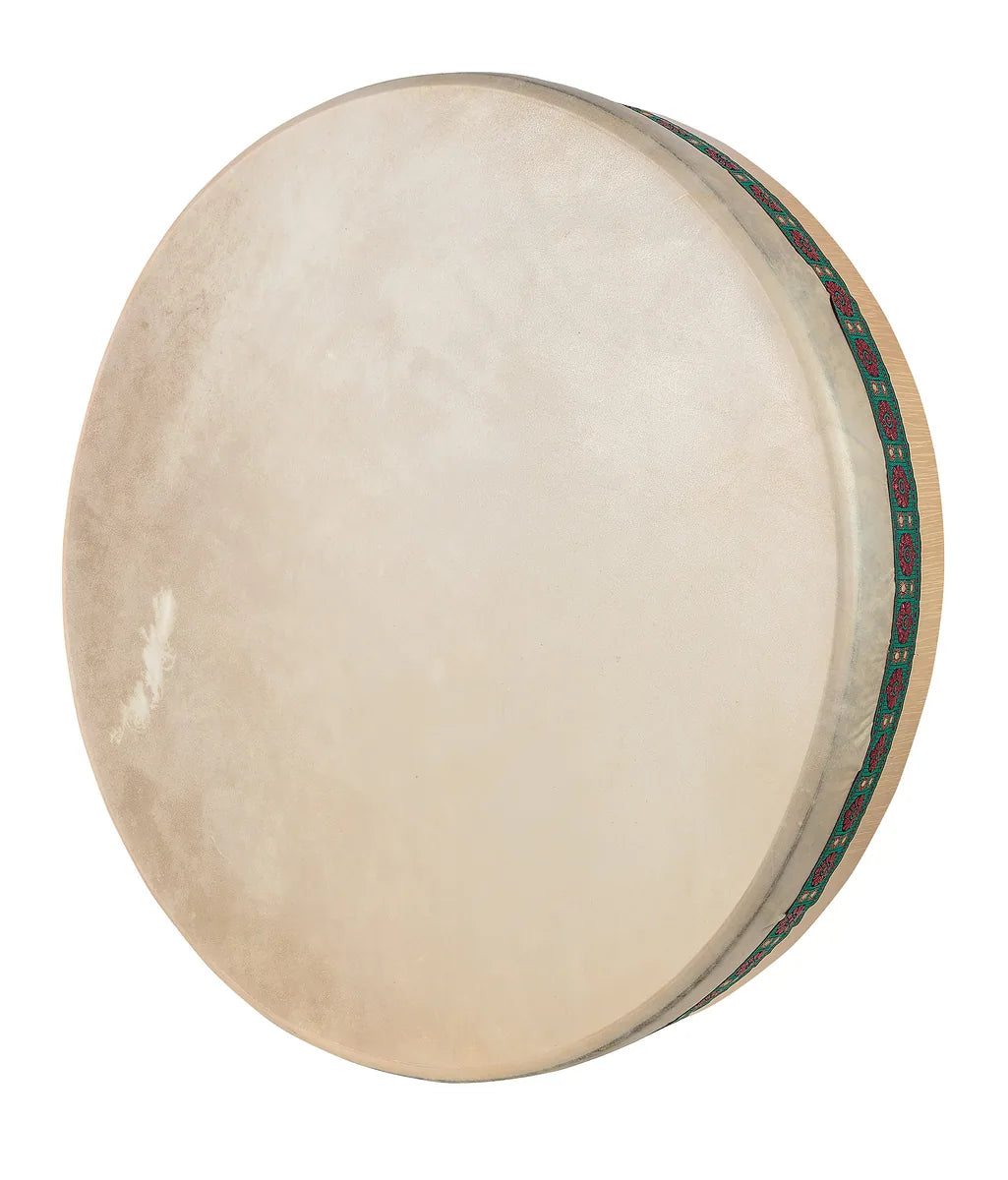 Pale round frame drum with a green and red decorative band around the wooden rim