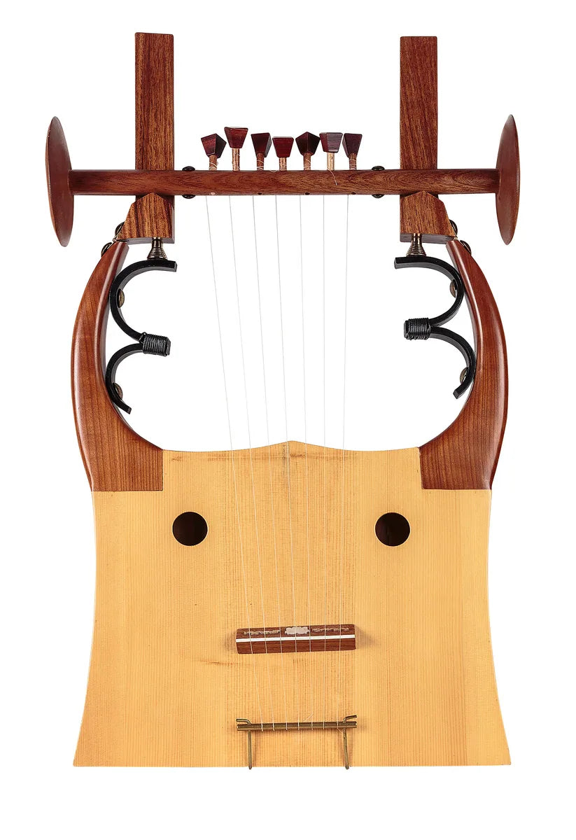 Seven-string kithara with a broad wooden soundbox, two sound holes and curved decorated arms