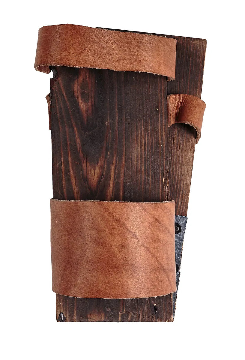 Hinged wooden foot clapper with broad leather straps over its upper board