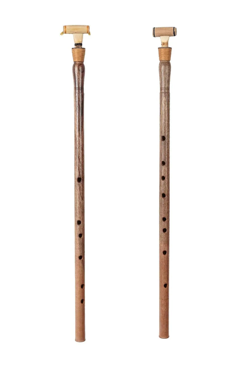 Pair of brown wooden aulos pipes with finger holes and wrapped mouthpieces
