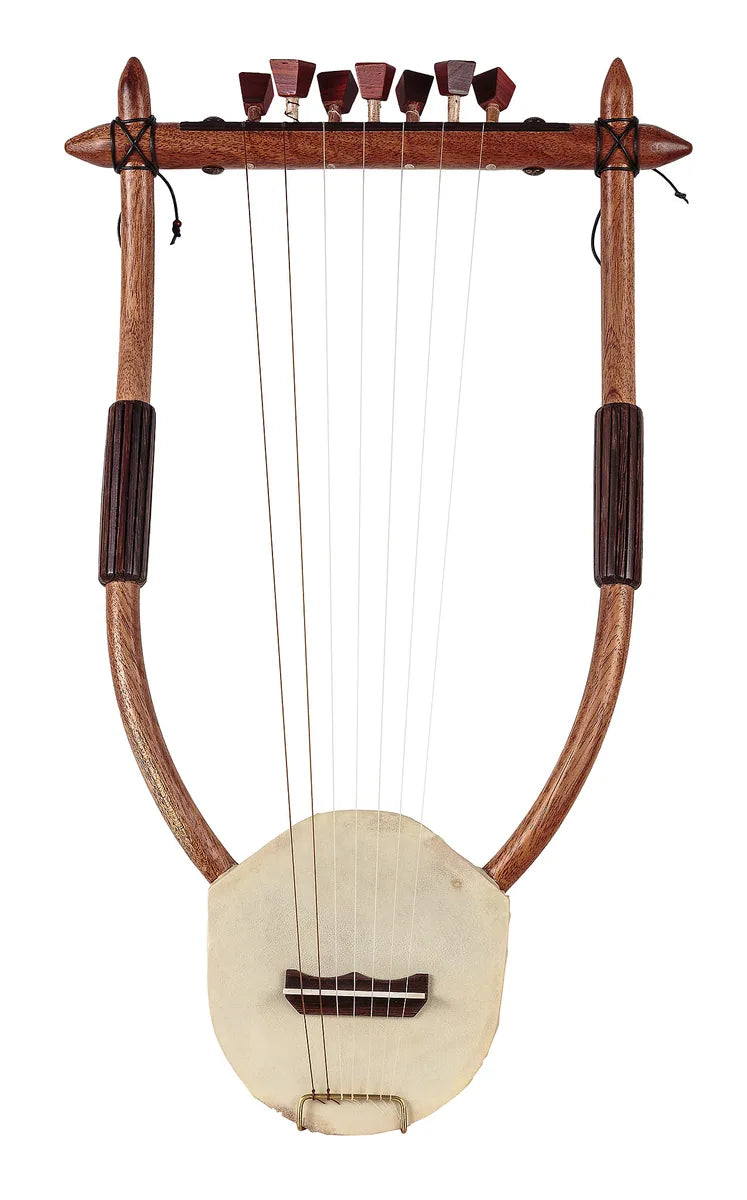 Seven-string lyre with curved wooden arms and a skin-covered soundbox
