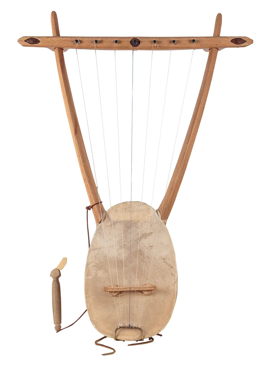 Lyre with long wooden arms, a skin-covered soundbox and a plectrum hanging beside it