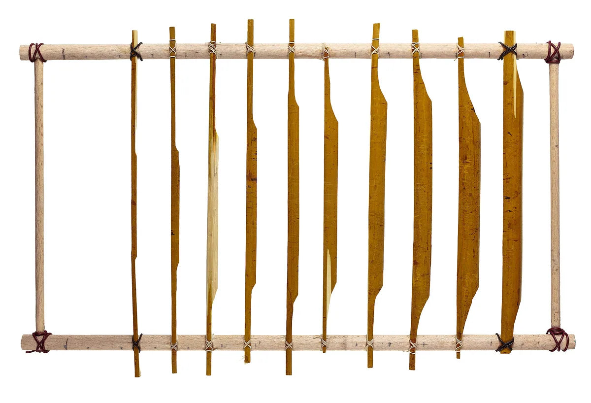 Rectangular wooden psithyra frame with suspended cane strips of different widths