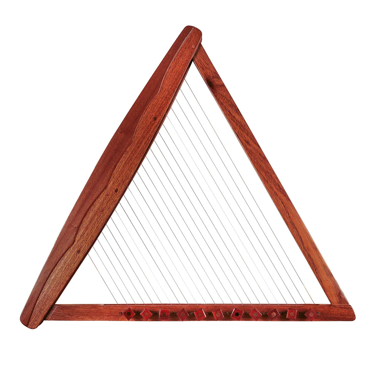 Triangular wooden harp with strings of graduated length and tuning pegs along the base